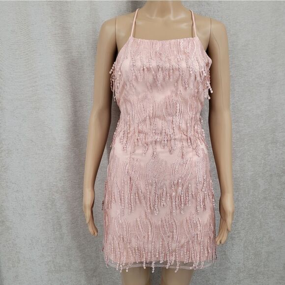 Lulus Making Magic Blush Pink Fringe Lace-Up Mini Dress Women's Size Small - Picture 2 of 13